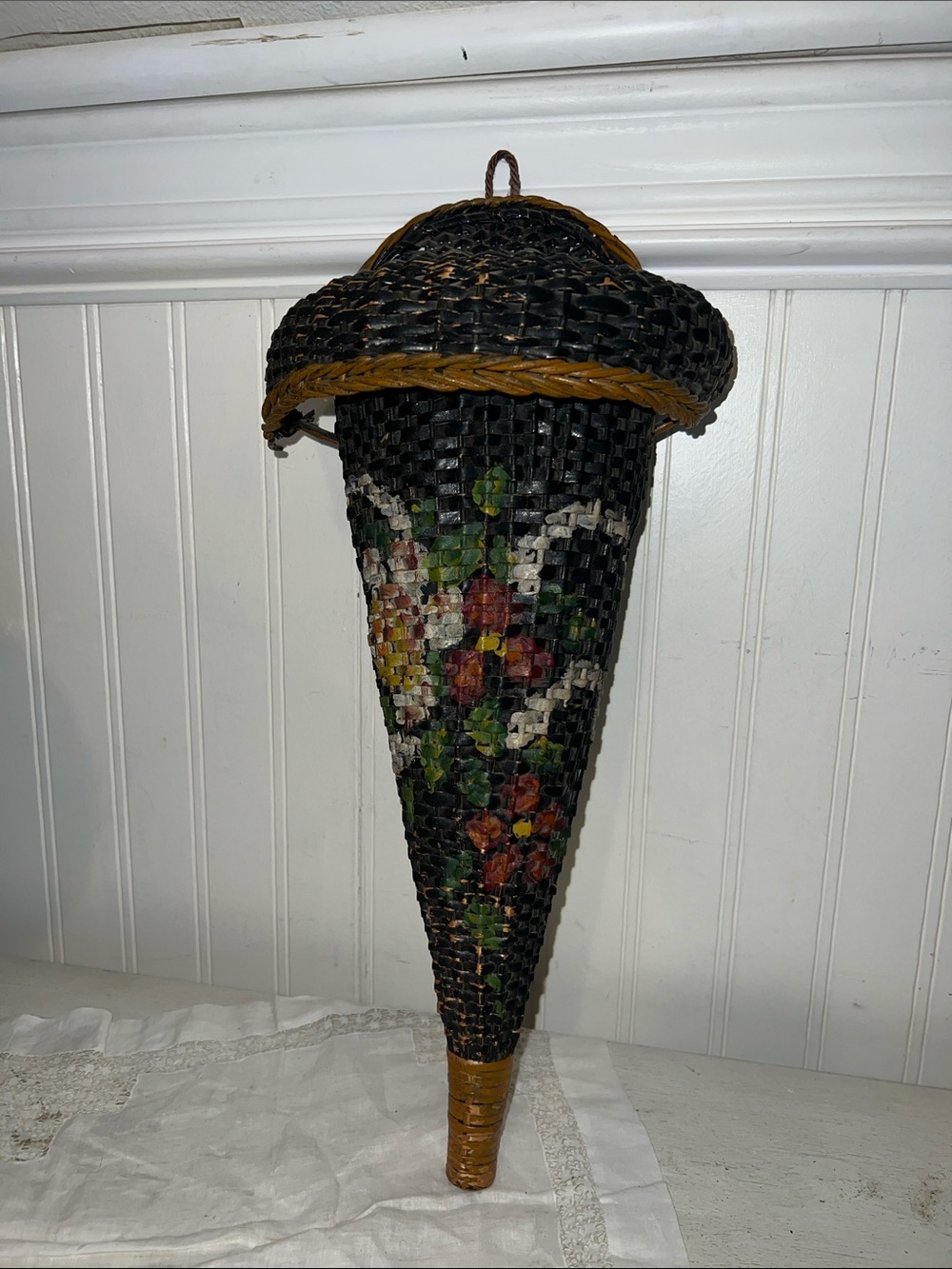 Antique Victorian wicker hand painted wall basket
